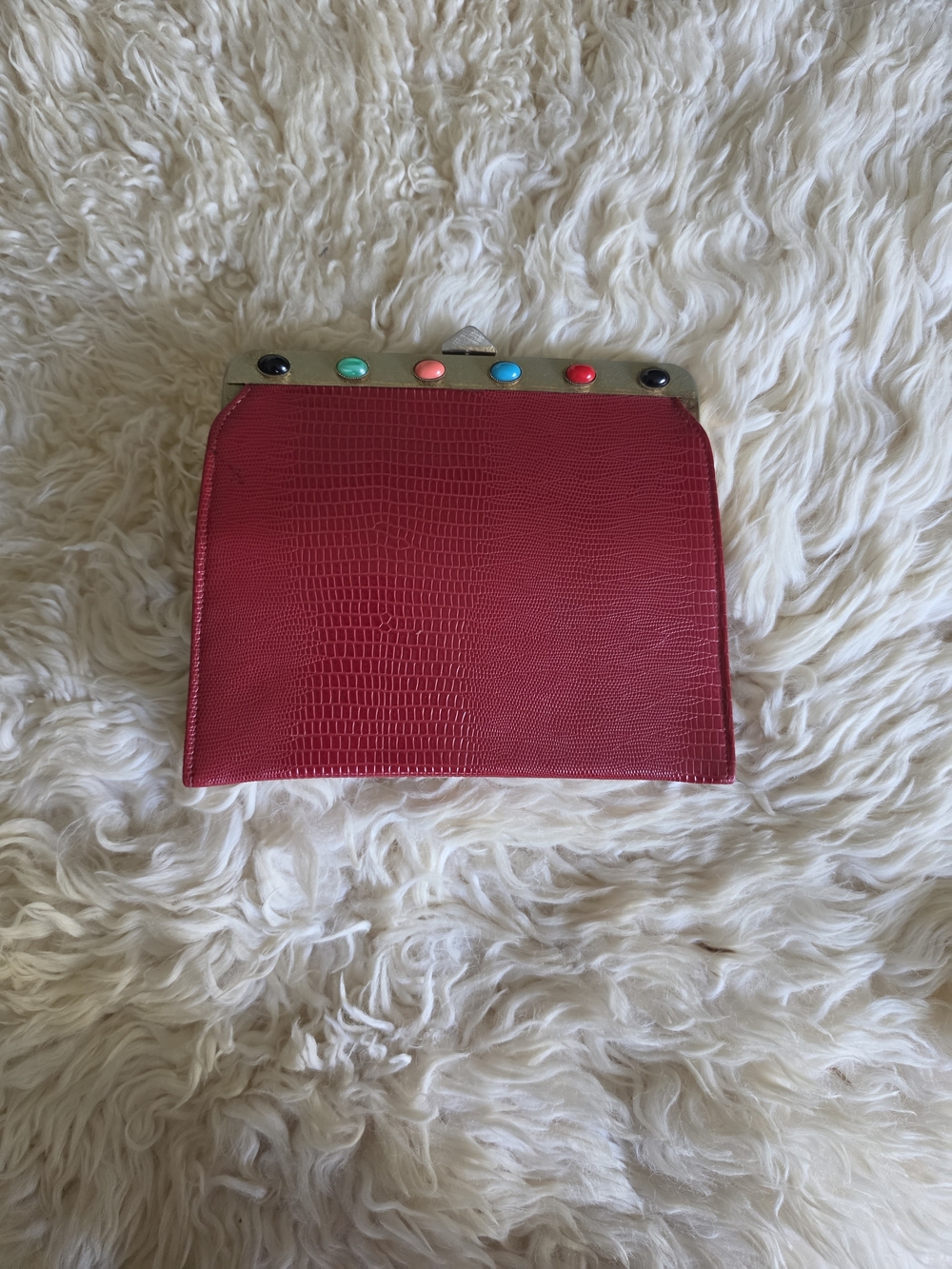 Red Croc-Embossed Frame Clutch with Colorful Studs